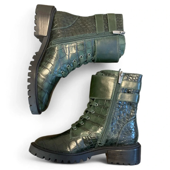 VINCE CAMUTO Combat Boot Women's 5.5 Fawdry Double Buckle in Green Croc - Picture 3 of 6